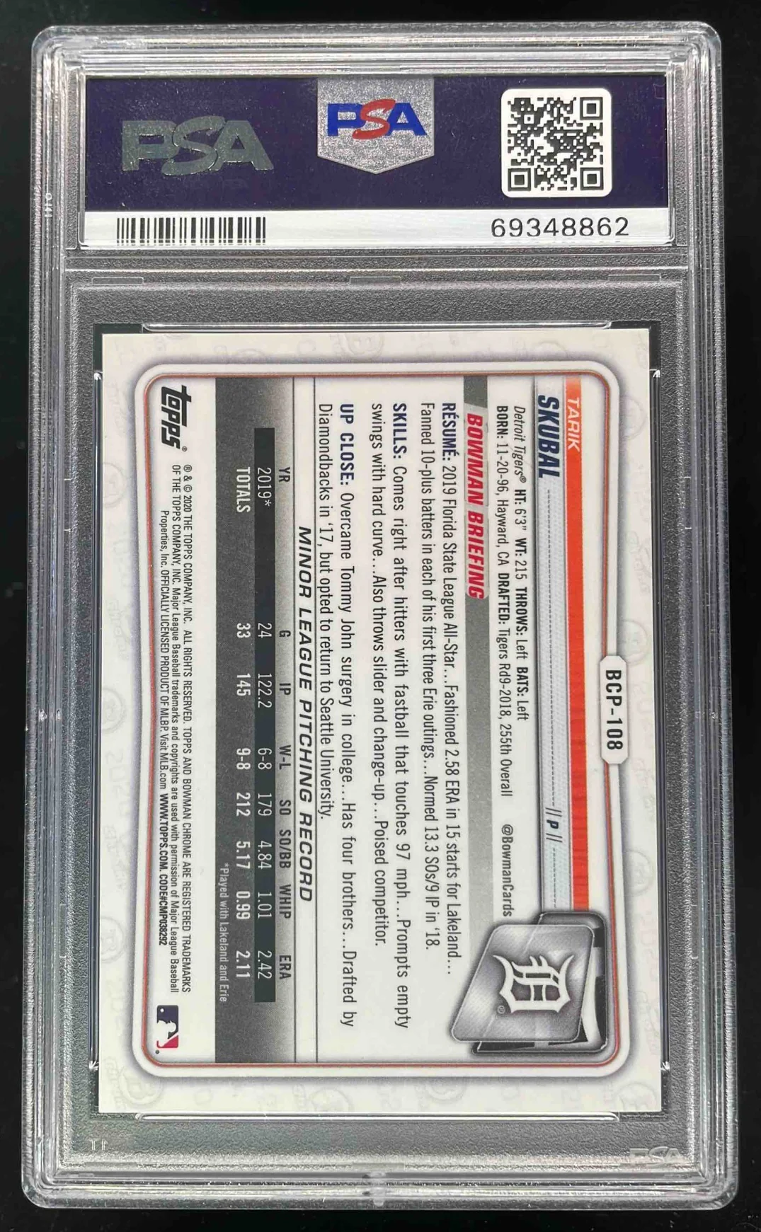 2020 Bowman Chrome Prospects Blue Shimmer #BCP-108 Tarik Skubal /150 PSA 10 - Image 2