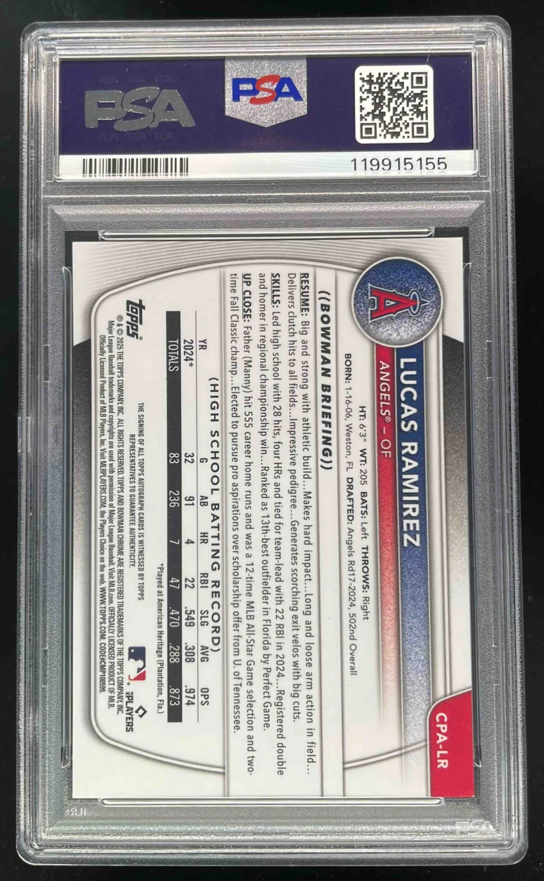 2025 Bowman Chrome Prospect Blue #CPA-LR Lucas Ramirez RC Auto /150 PSA 10 - Image 2