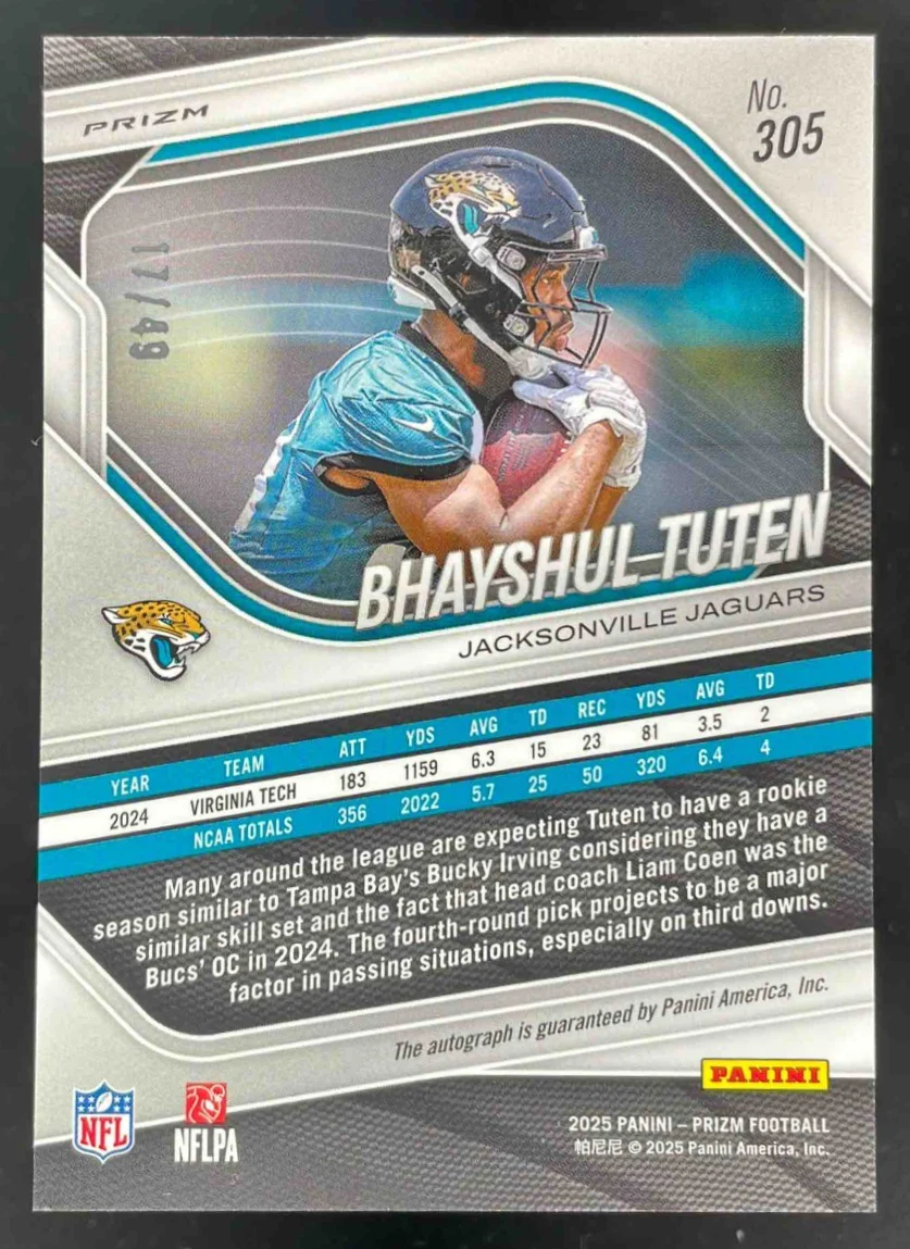 2025 Prizm Purple Power Prizm #305 Bhayshul Tuten RC Auto /49 - Image 2