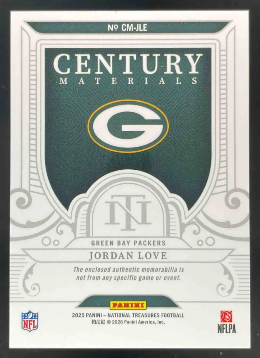 2025 Panini National Treasures Century Materials #CM-JLE Jordan Love /99 - Image 2