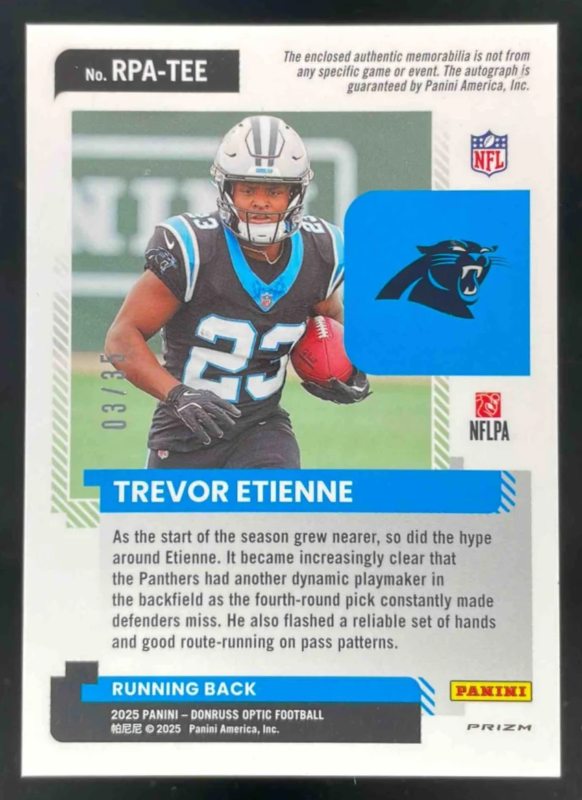 2025 Panini Donruss Optic Rookie Patch Autograph #40 Trevor Etienne RC Auto /35 - Image 2