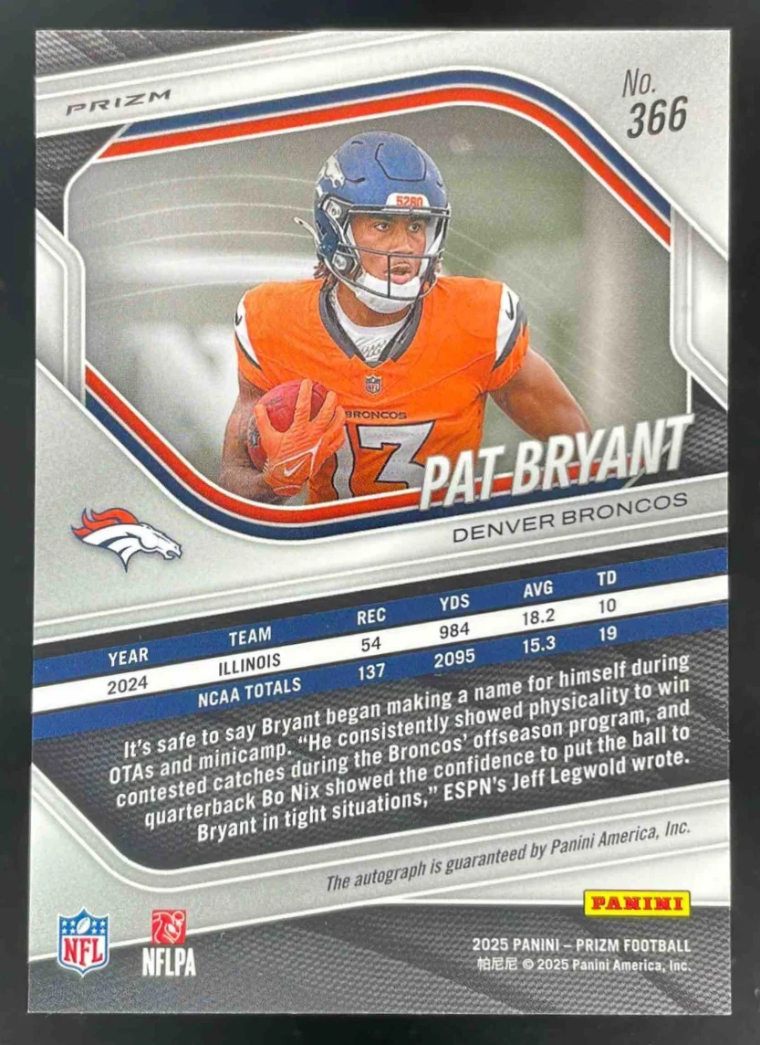 2025 Panini Prizm Rookie Autographs Silver Prizm #366 Pat Bryant RC Auto - Image 2