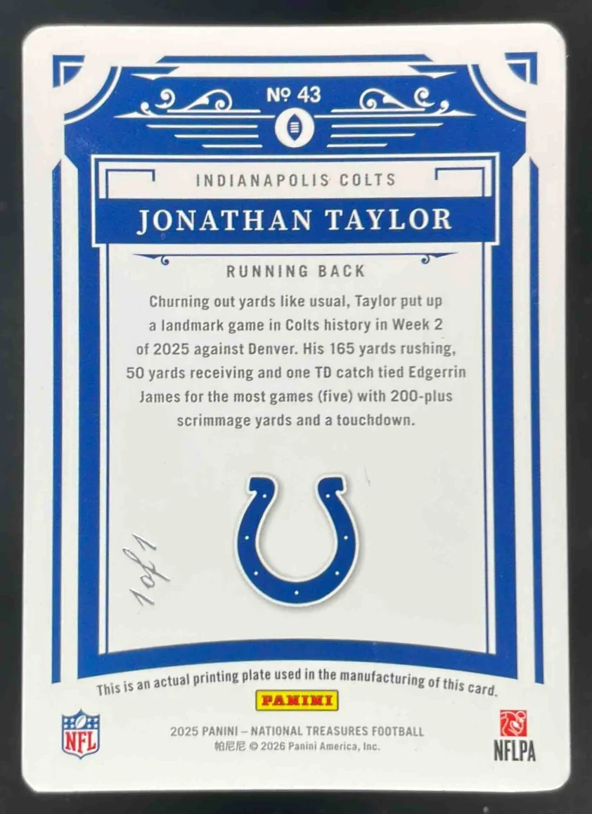 2025 Panini National Treasures Printing Plates Yellow #43 Jonathan Taylor 1/1 - Image 2