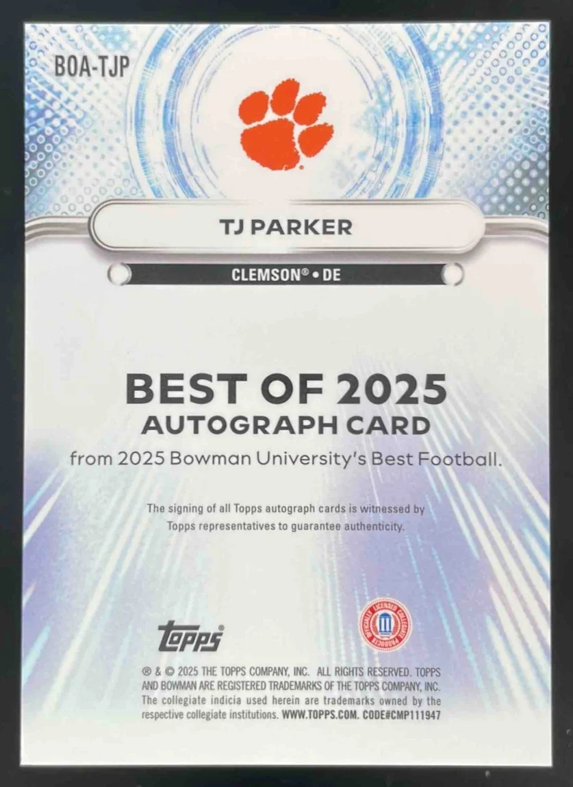 2025 Bowman Best University The Best of 2025 #BOA-TJP T.J. Parker Auto - Image 2