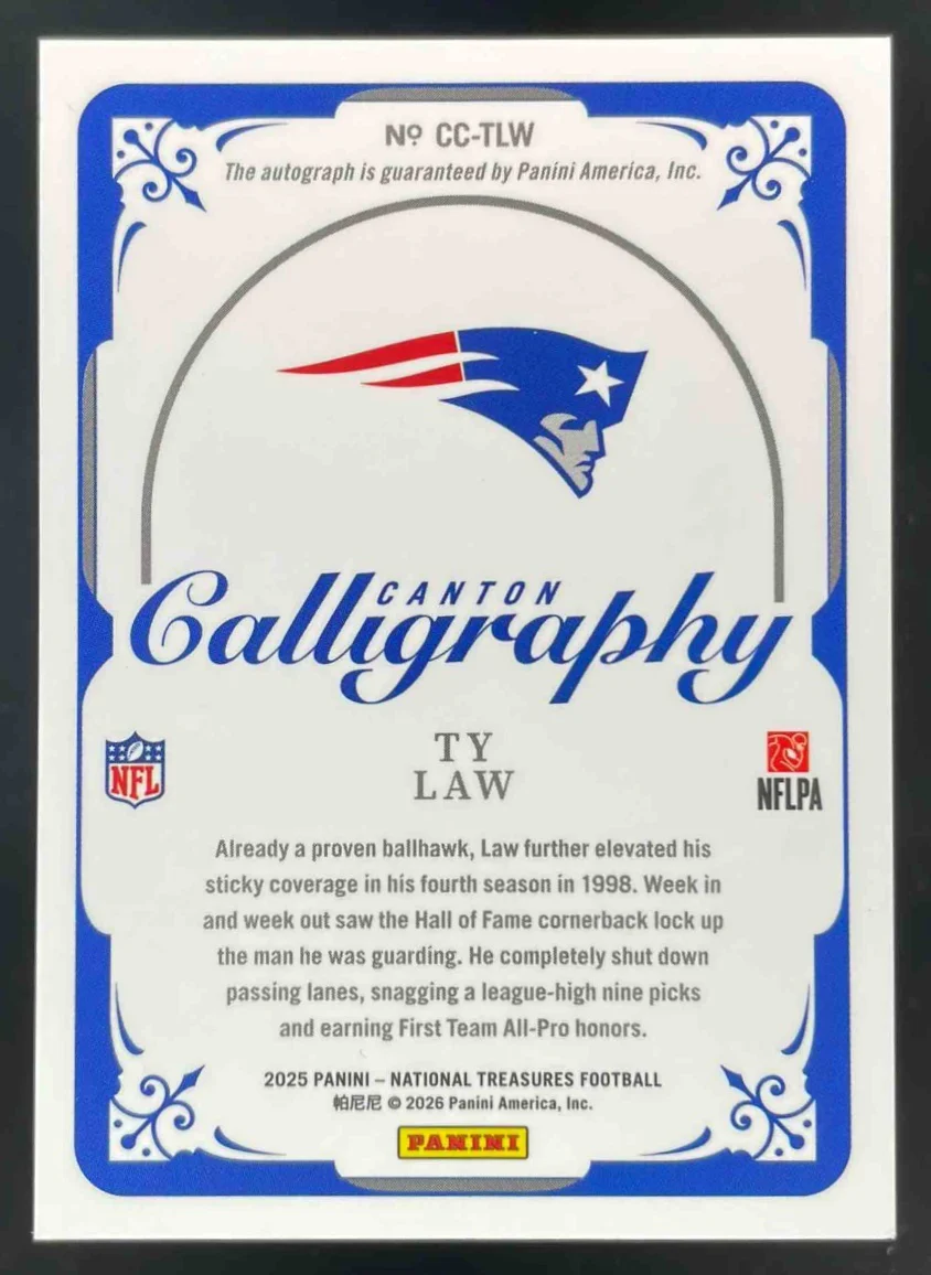 2025 National Treasures Canton Calligraphy #CC-TLW Ty Law Auto /99 - Image 2