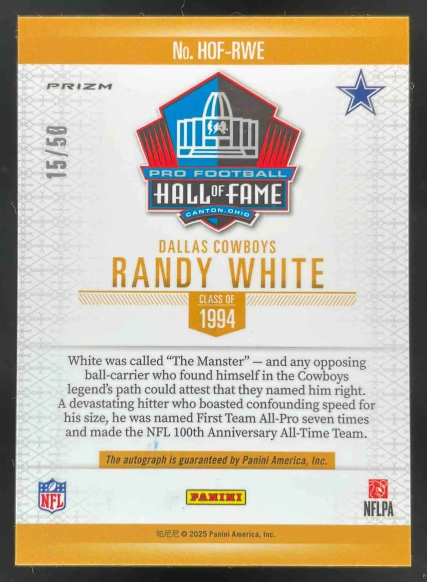 2025 Panini Hall of Fame Autograph #HOF-RWE Randy White Auto /50 - Image 2