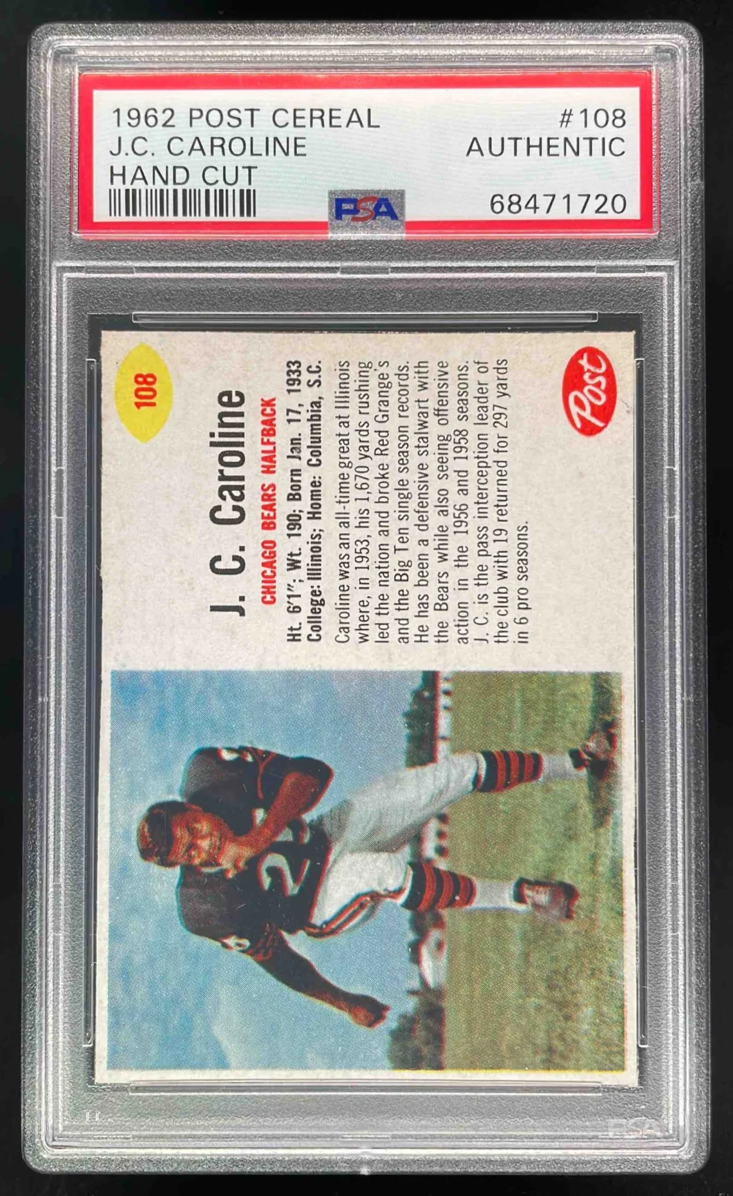 1962 Post Cereal Hand Cut #180 JC Caroline PSA Authentic