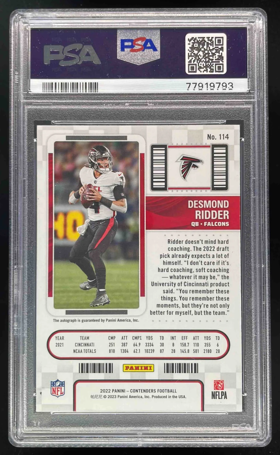 2022 Panini Contenders #114 Desmond Ridder RC Rookie Ticket Auto PSA 9 - Image 2