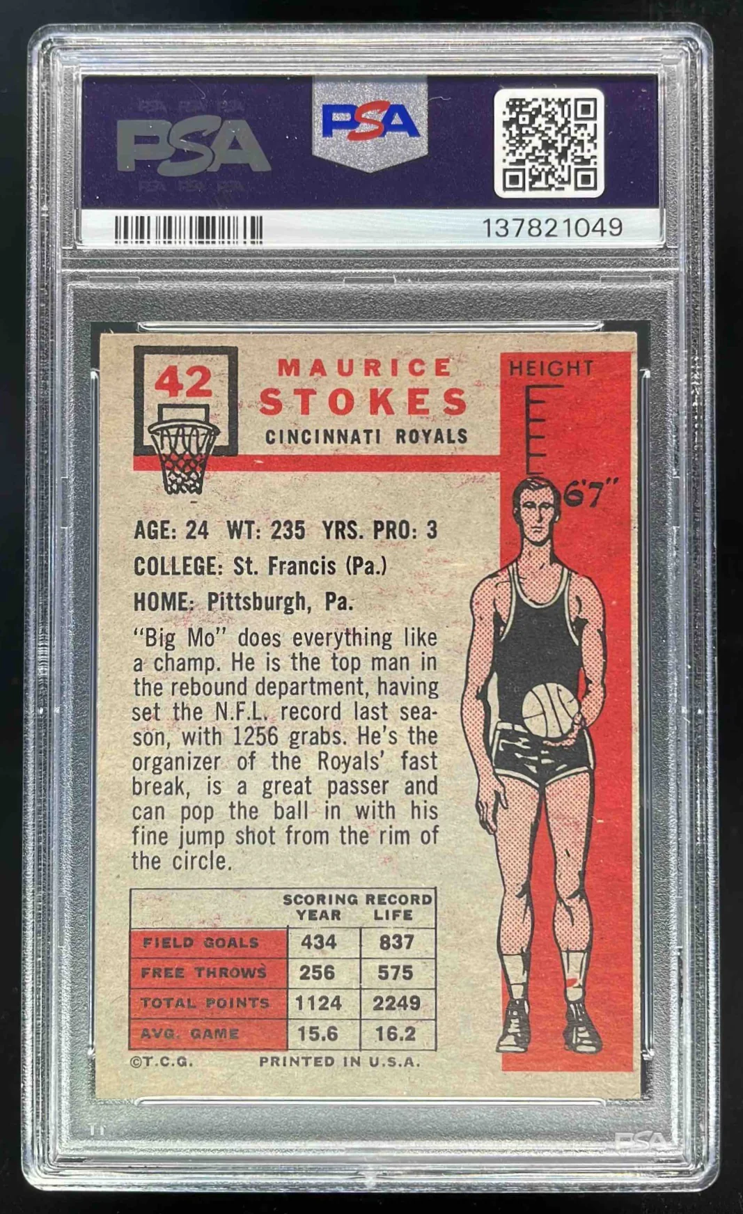1957-58 Topps #42 Maurice Stokes RC PSA 4 - Image 2