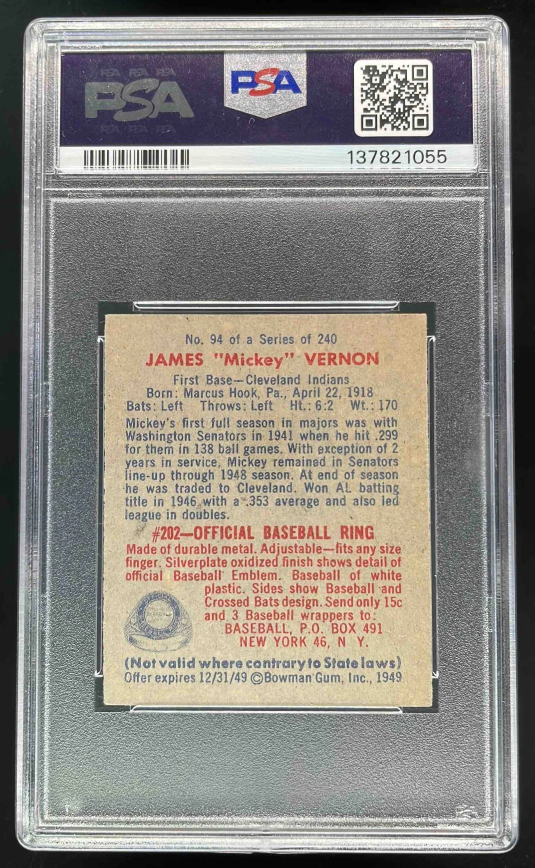 1949 Bowman #94 James Vernon RC PSA 4 - Image 2
