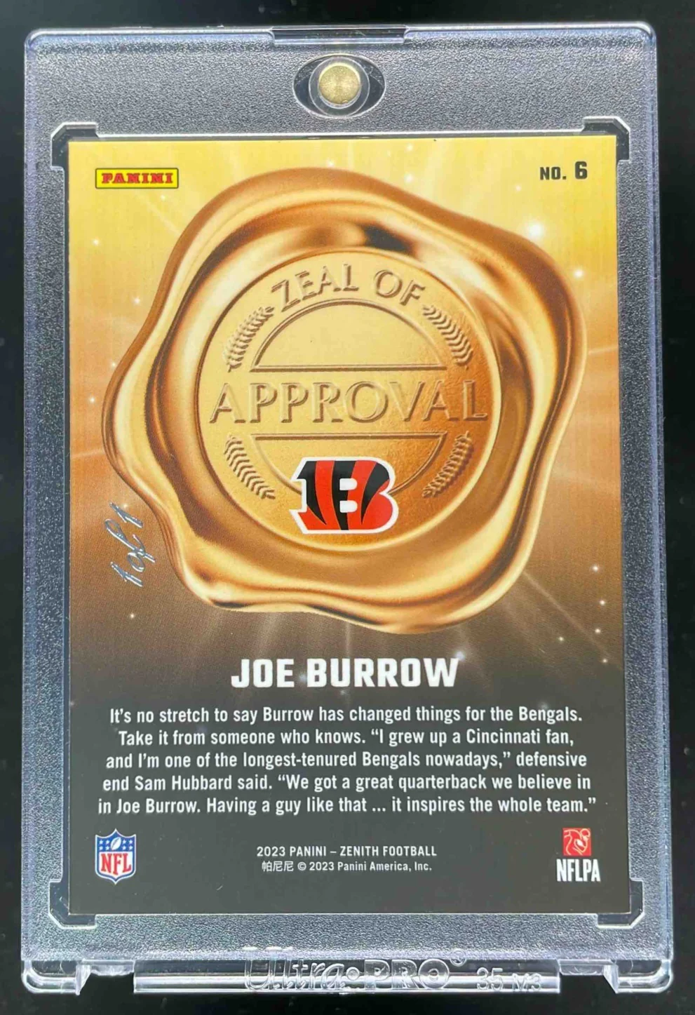 2023 Panini Zenith Zeal of Approval Touchdown #6 Joe Burrow 1/1 - Image 2