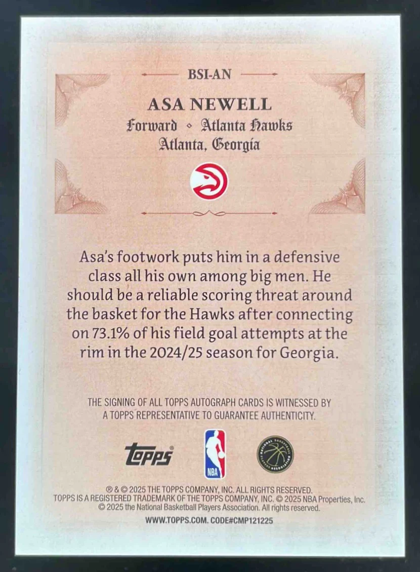 2025-26 Topps Signed and Sealed Black Holo Foil #BSIAN Asa Newell RC Auto /10 - Image 2
