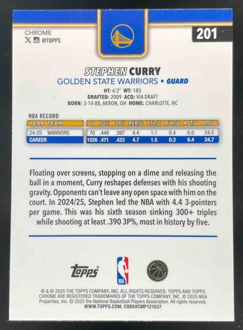 2025-26 Topps Chrome X-Fractor #201 Stephen Curry - Image 2