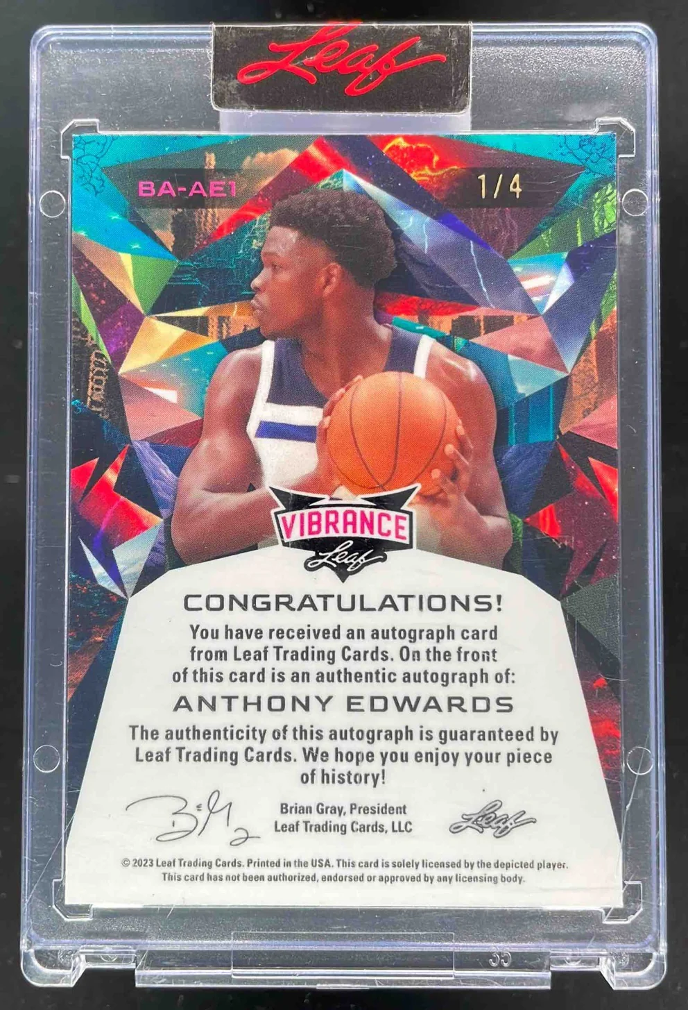 2023 Leaf Vibrance Shimmer Black #BA-AE1 Anthony Edwards Auto /4 - Image 2
