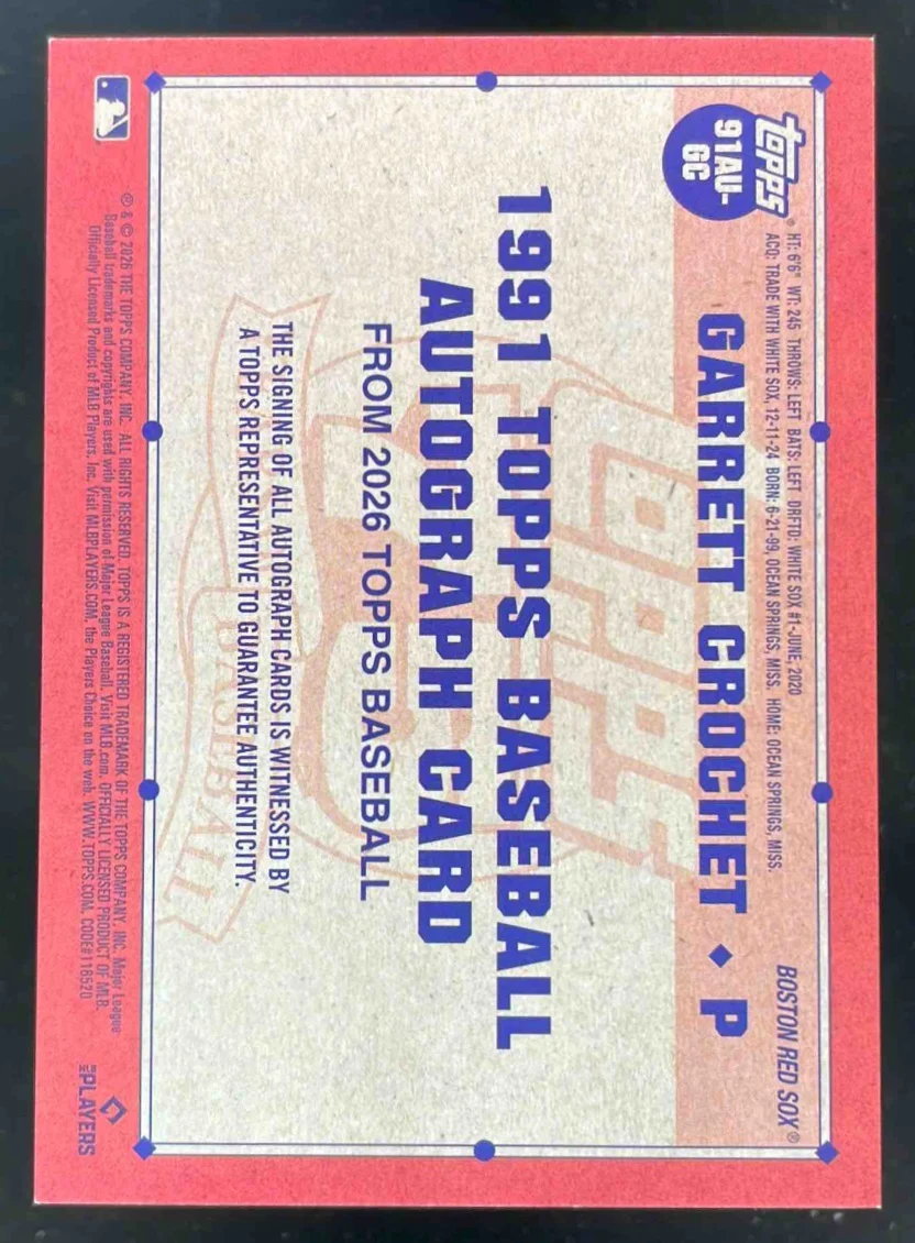 2026 Topps 1991 Topps Autograph Green #91AU-GC Garrett Crochet Auto /99 - Image 2