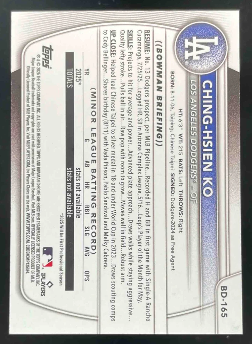2025 Bowman Draft Red Border #BD-165 Ching-Hsien Ko /5 - Image 2