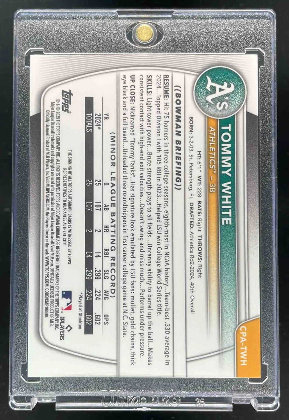 2025 Bowman Chrome Chrome Autograph Green Refractor Tommy White RC Auto /99 - Image 2