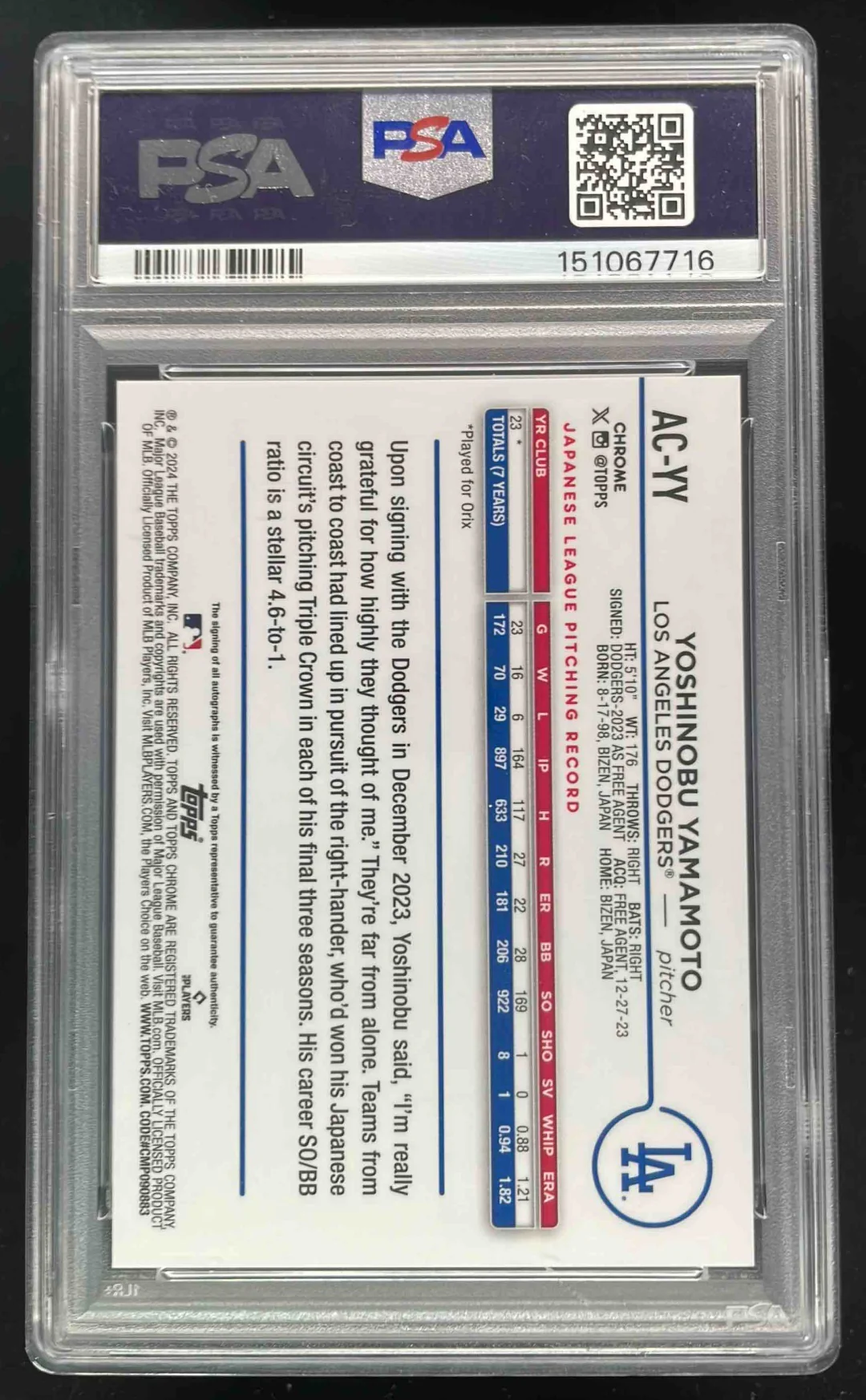2024 Topps Chrome Update Blue #AC-YY Yoshinobu Yamamoto RC Auto /150 PSA 9 - Image 2