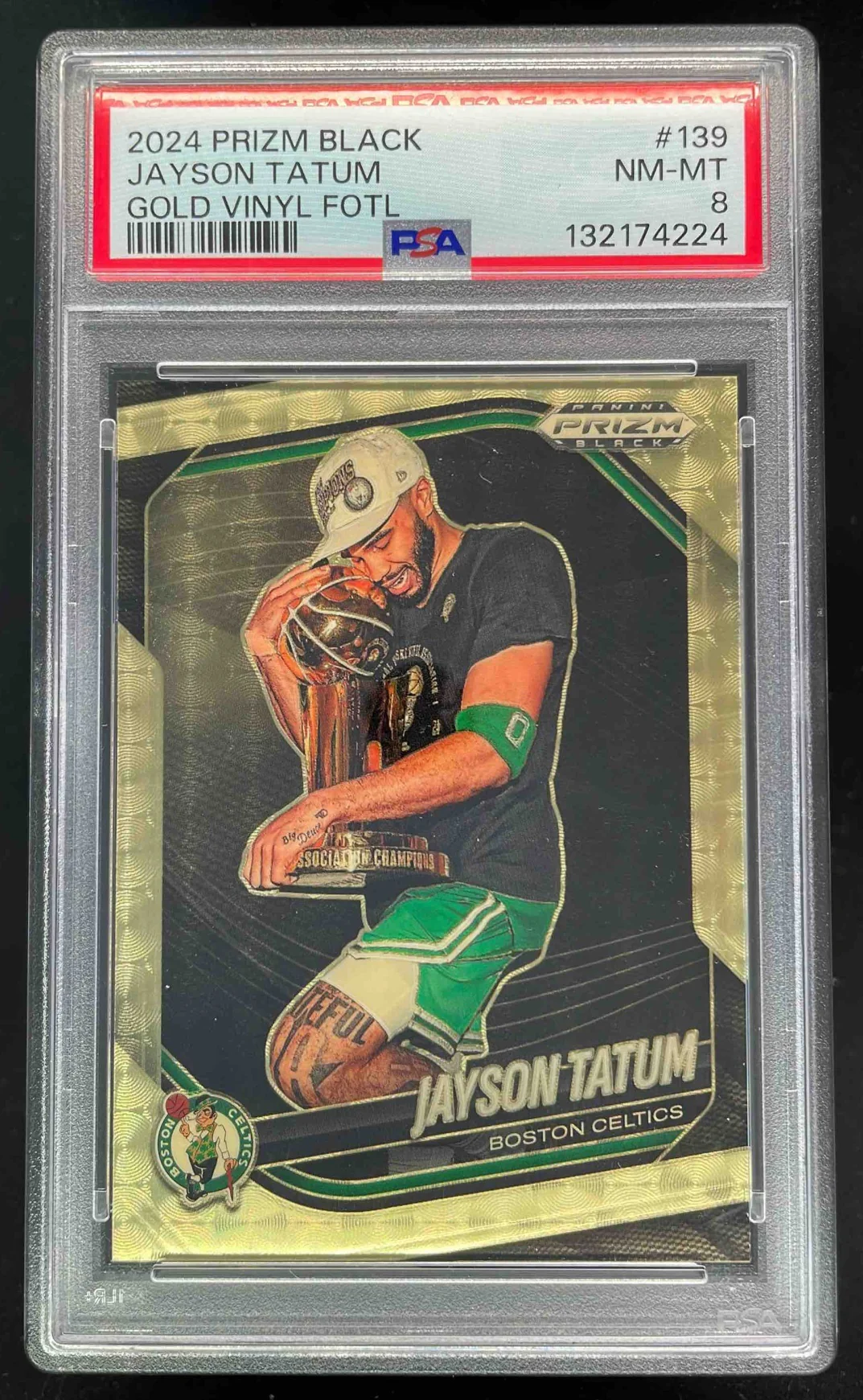 2024-25 Panini Prizm Black Gold Vinyl FOTL Prizms #139 Jayson Tatum /5 PSA 8