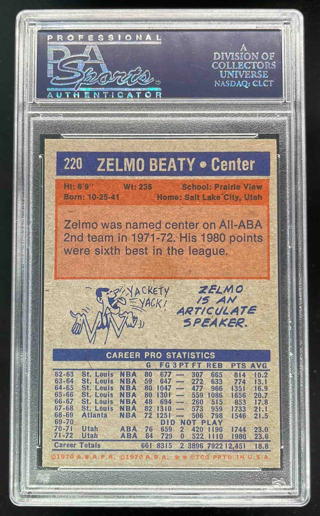 1972-73 Topps #220 Zelmo Beaty PSA 9 - Image 2