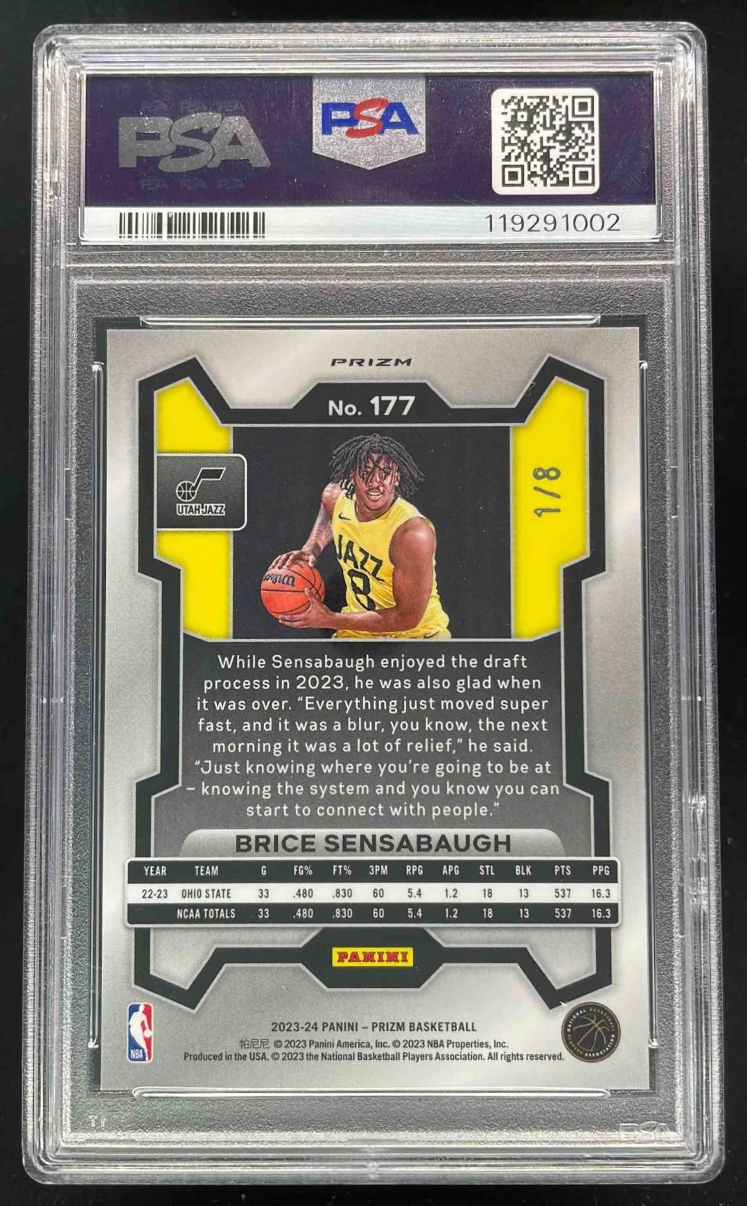 2023-24 Panini Prizm Prizms Lucky Envelopes #177 Brice Sensabaugh RC /8 PSA 10 - Image 2