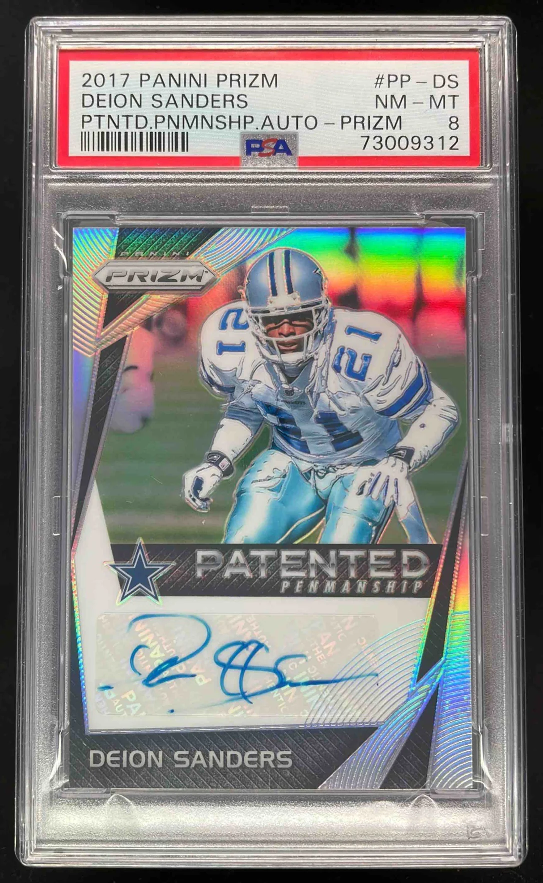 2017 Panini Prizm Patented Penmanship Prizm #39 Deion Sanders Auto /10 PSA 8