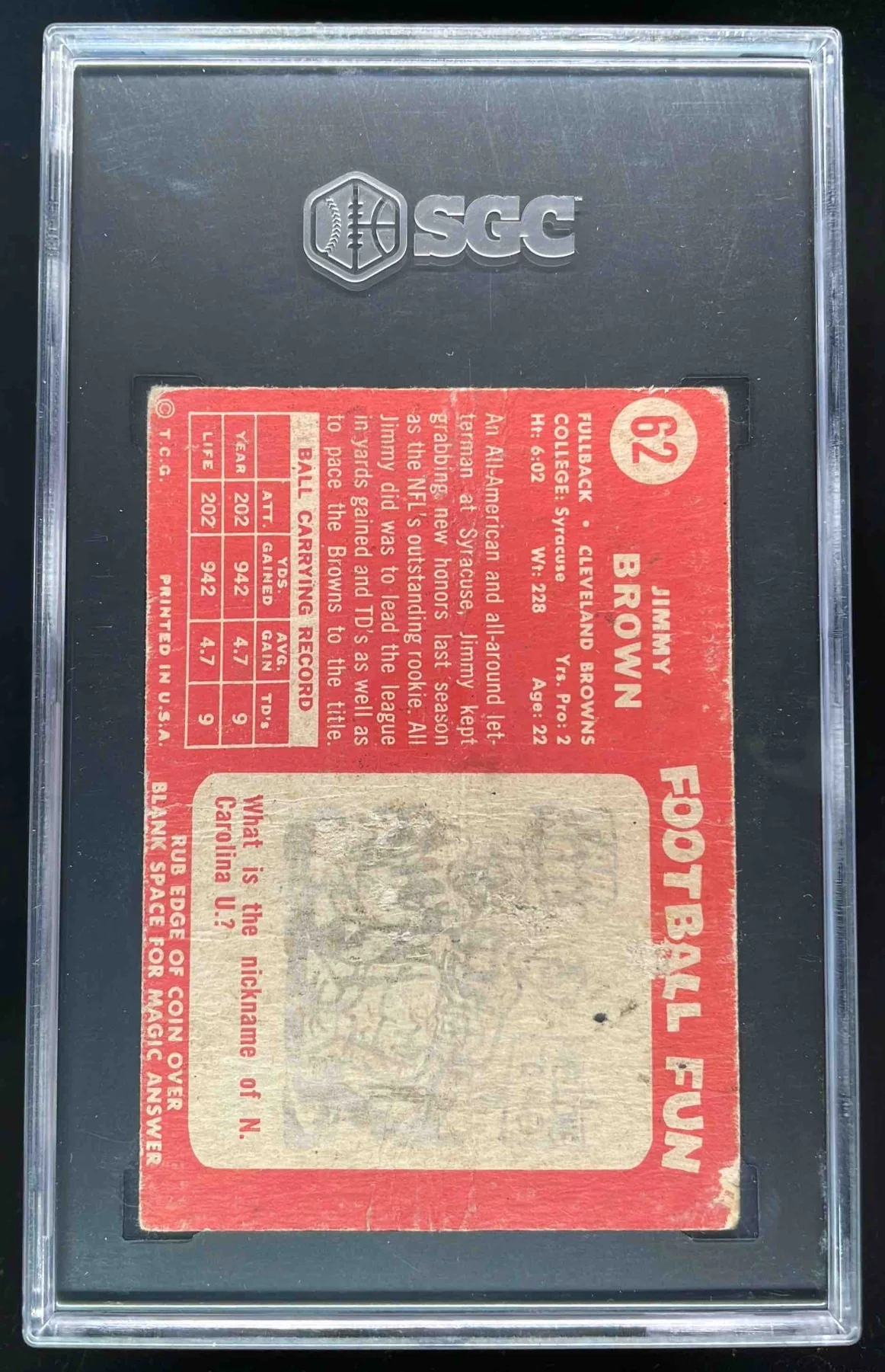 1958 Topps #62 Jimmy Brown RC SGC 1 - Image 2