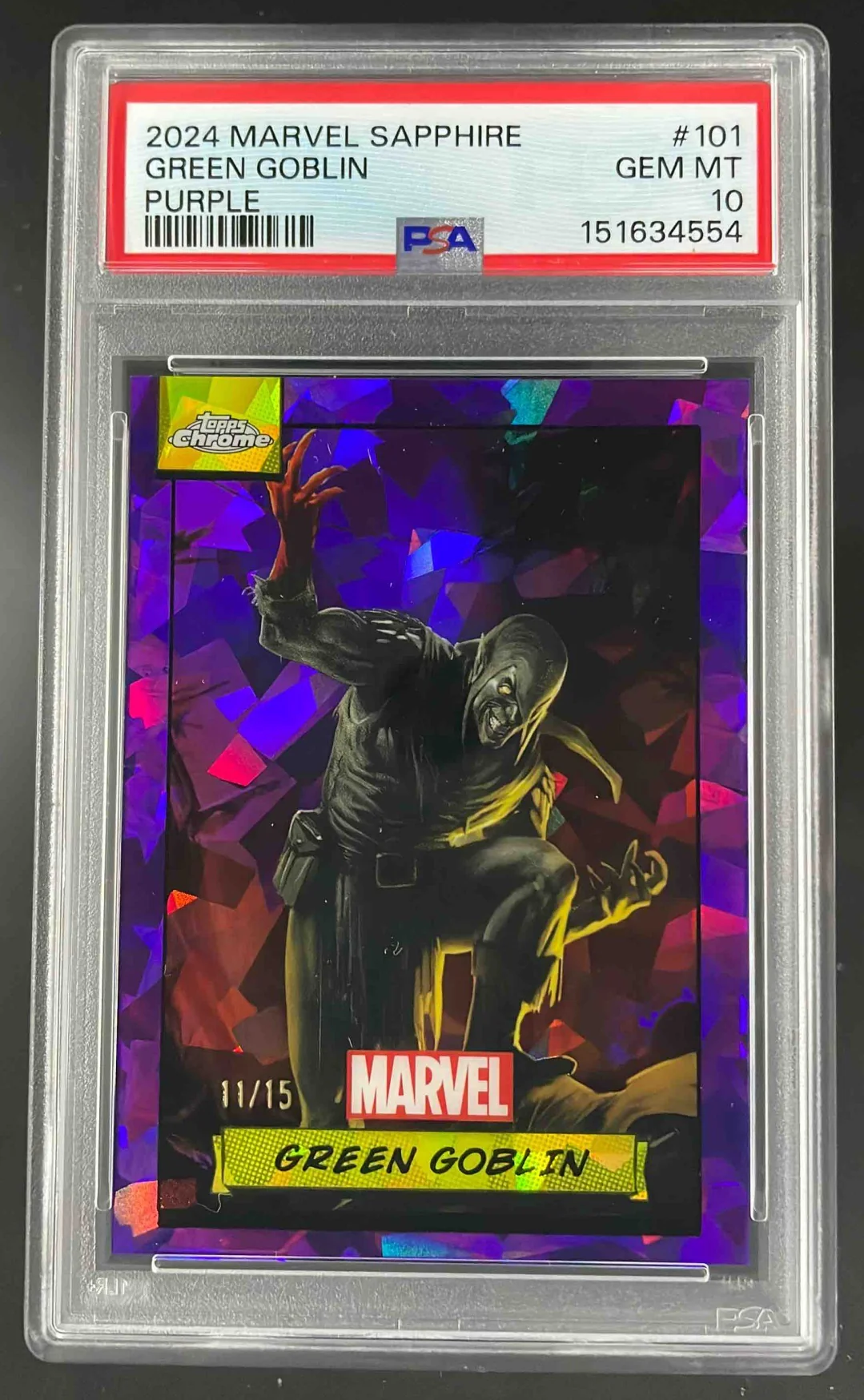 2024 Topps Chrome Marvel Sapphire Purple Refractor #101 Green Goblin /15 PSA 10
