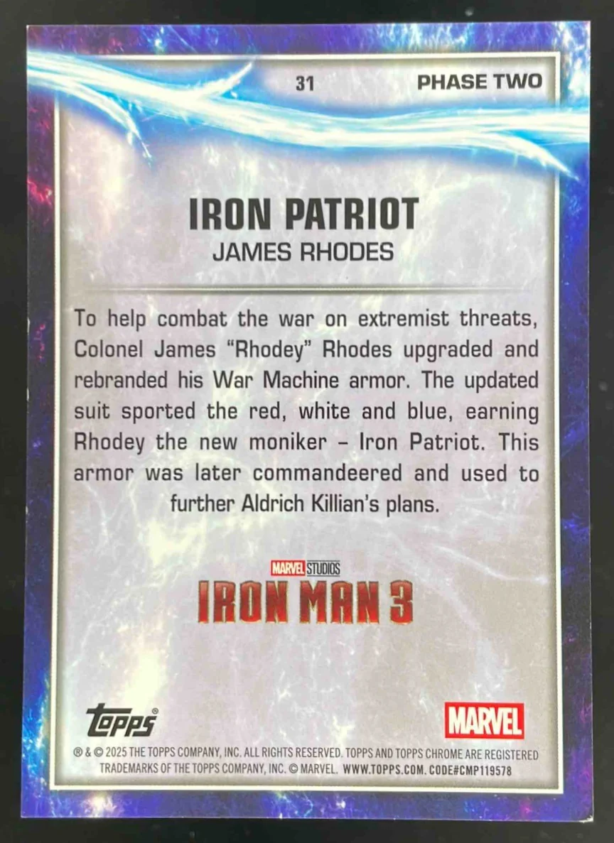 2025 Topps Chrome Marvel Studios Orange Refractor #31 Iron Patriot /25 - Image 2