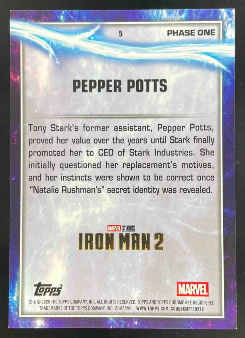2025 Topps Chrome Marvel Studios Black Refractor #5 Pepper Potts /10 - Image 2