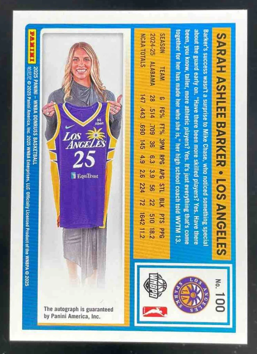 2025 Donruss WNBA Rated Rookies Holo Laser #100 Sarah Ashlee Barker RC Auto - Image 2