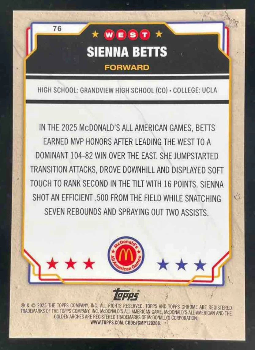 2025 Topps Chrome McDonald's All-American Gold Refractor #76 Sienna Betts /50 - Image 2