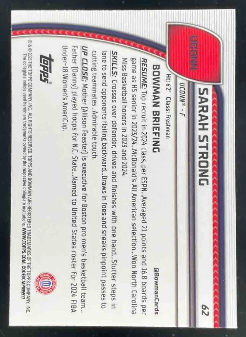 2024-25 Bowman University Chrome Sapphire Green Refractor #62 Sarah Strong /65 - Image 2