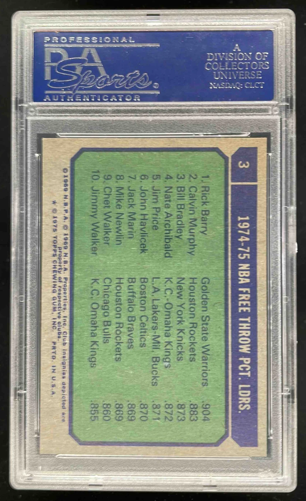 1975-76 Topps #3 Rick Barry Bill Bradley Calvin Murphy League Leaders PSA 8 - Image 2