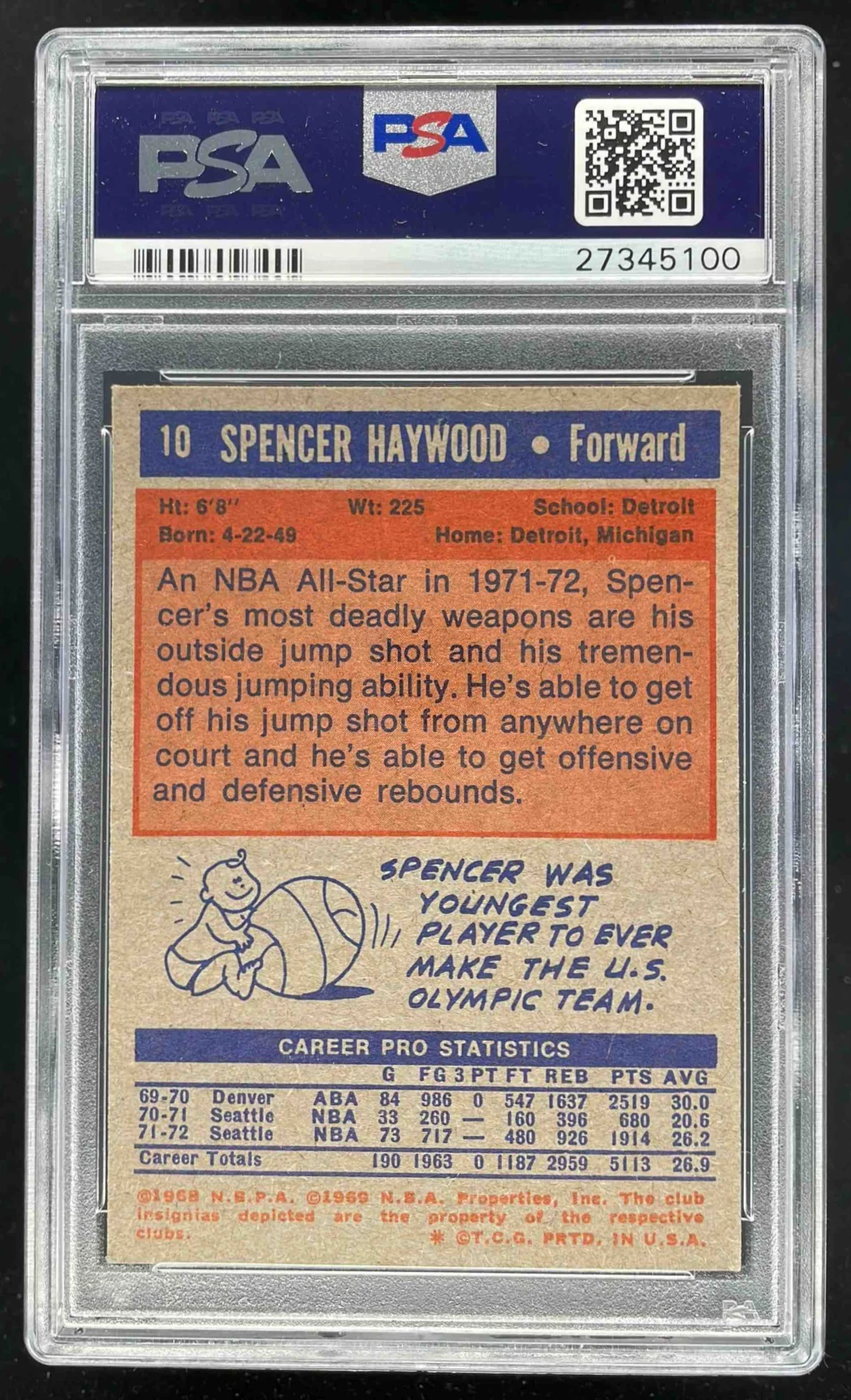 1972-73 Topps #10 Spencer Haywood PSA 8 - Image 2