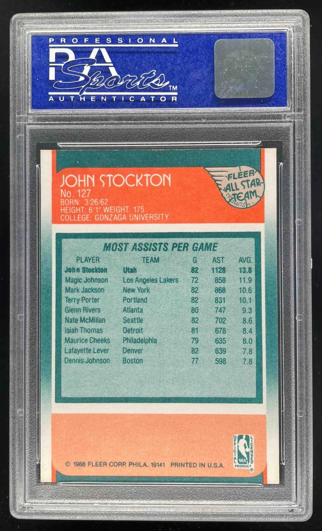 1988-89 Fleer #127 John Stockton RC PSA 9 - Image 2