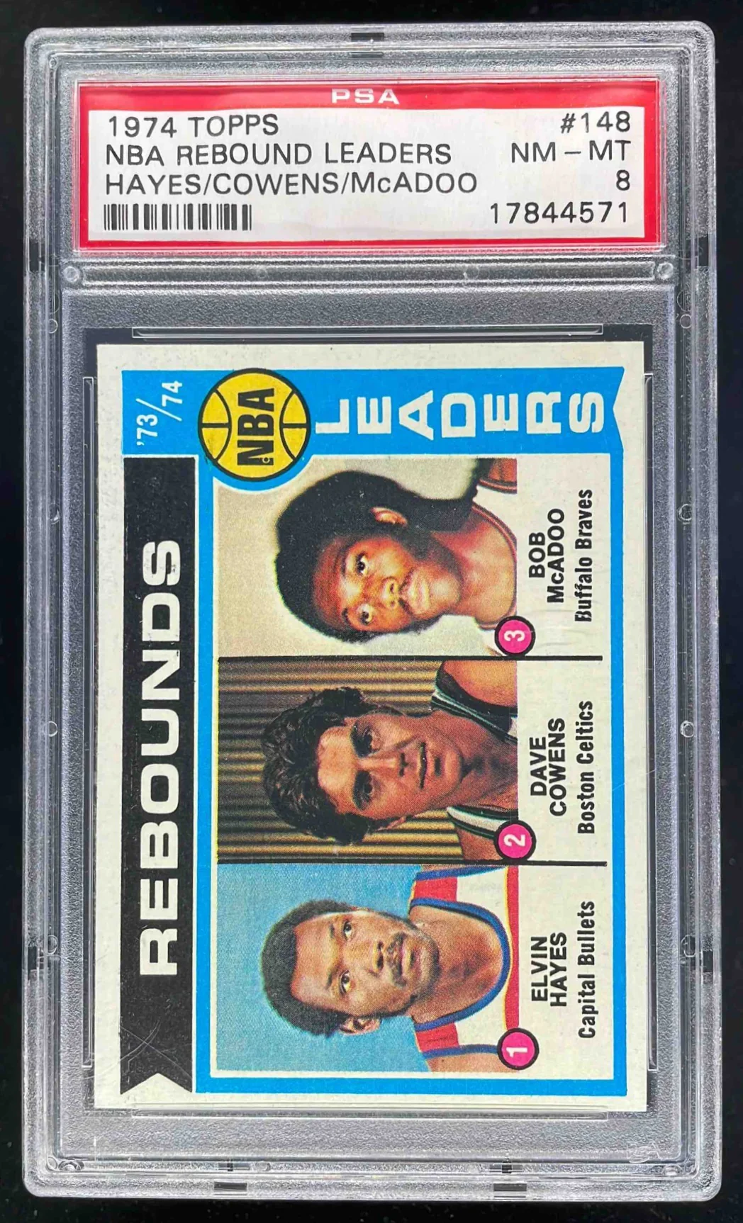 1974-75 Topps #148 Elvin Hayes Dave Cowens Bob McAdoo League Leaders PSA 8