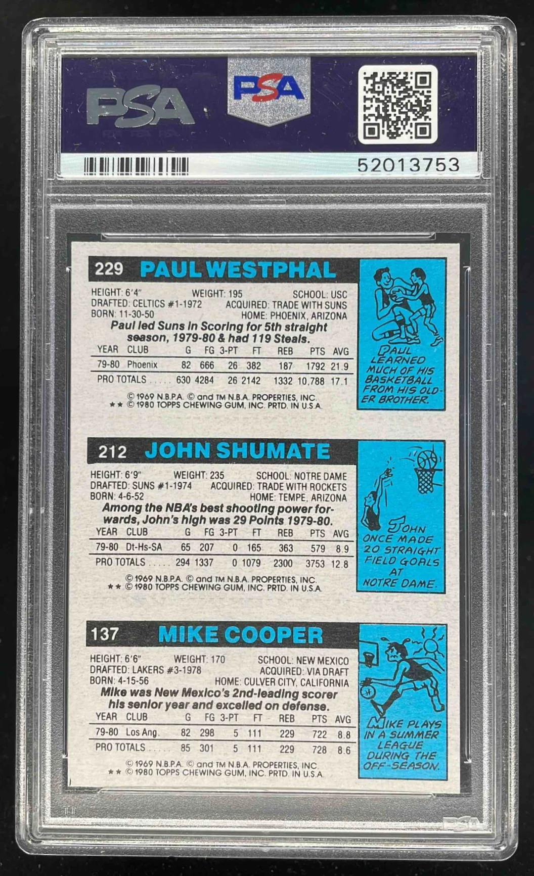 1980-81 Topps Mike Cooper John Shumate Paul Westphal RC PSA 8 - Image 2