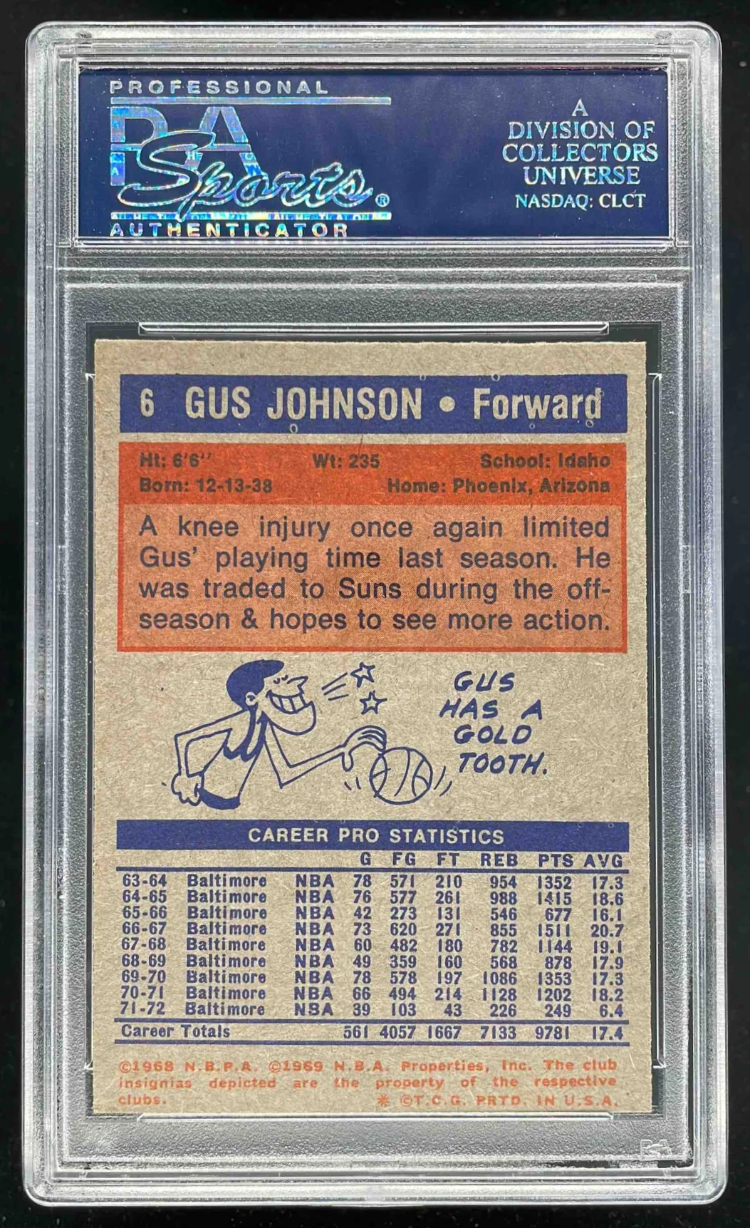 1972-73 Topps #6 Gus Johnson PSA 8 - Image 2
