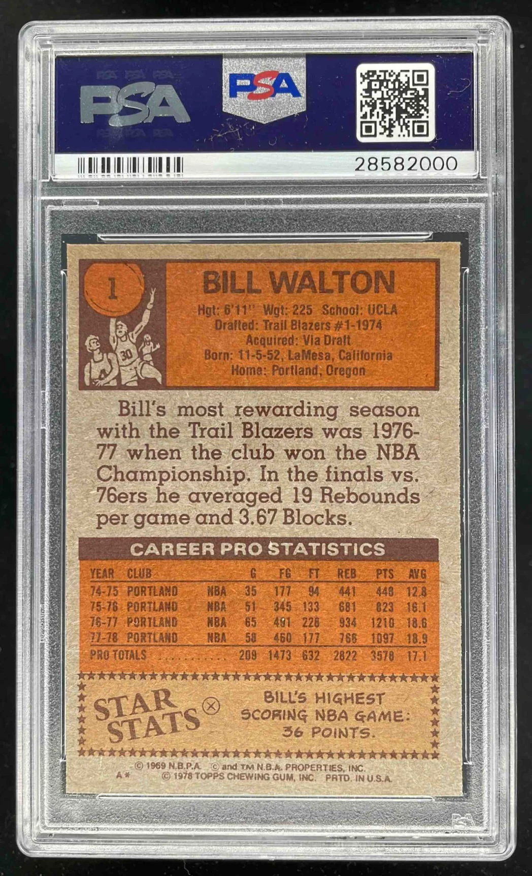 1978-79 Topps #1 Bill Walton All-Star PSA 8 - Image 2