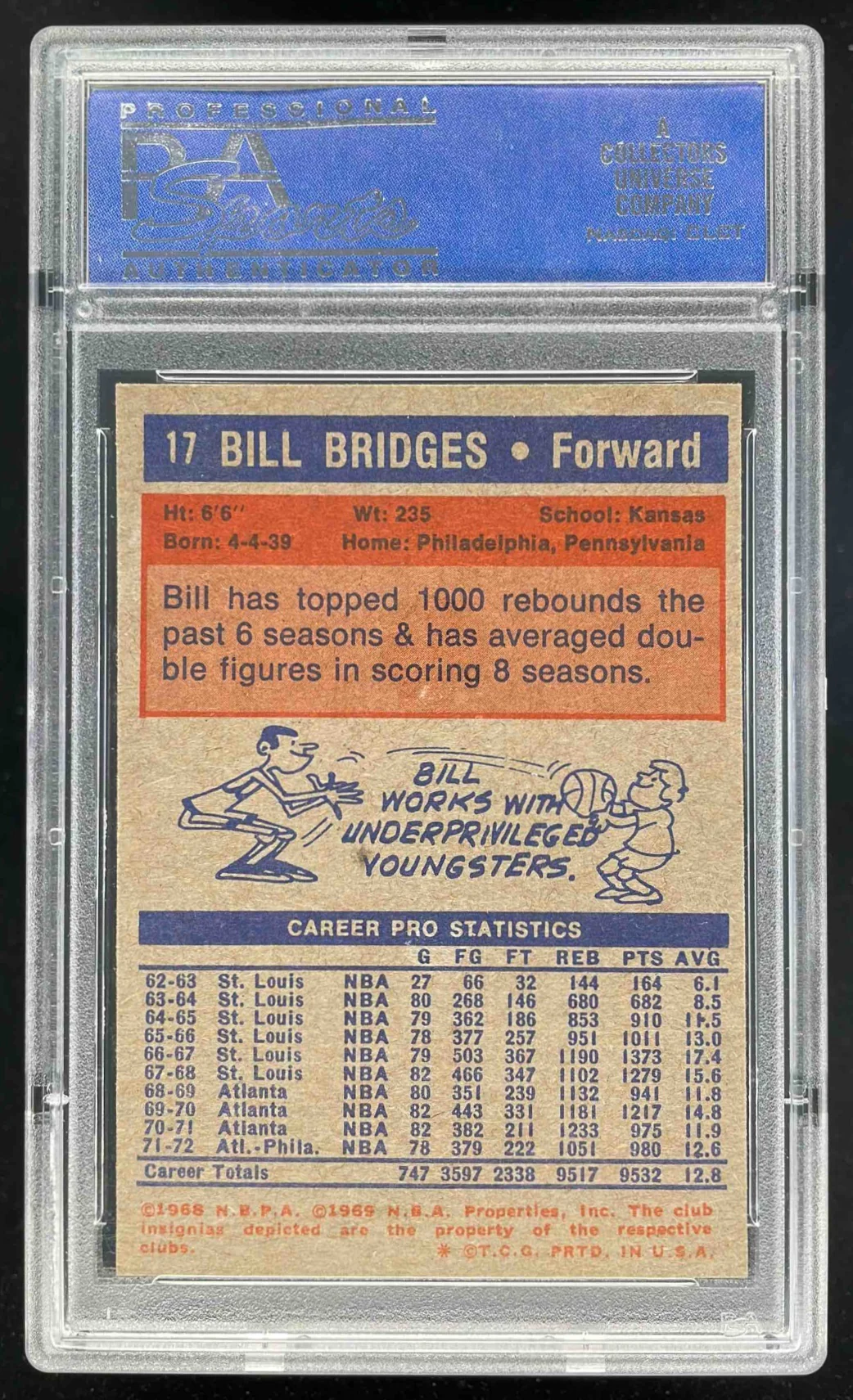 1972-73 Topps #17 Bill Bridges PSA 8 - Image 2