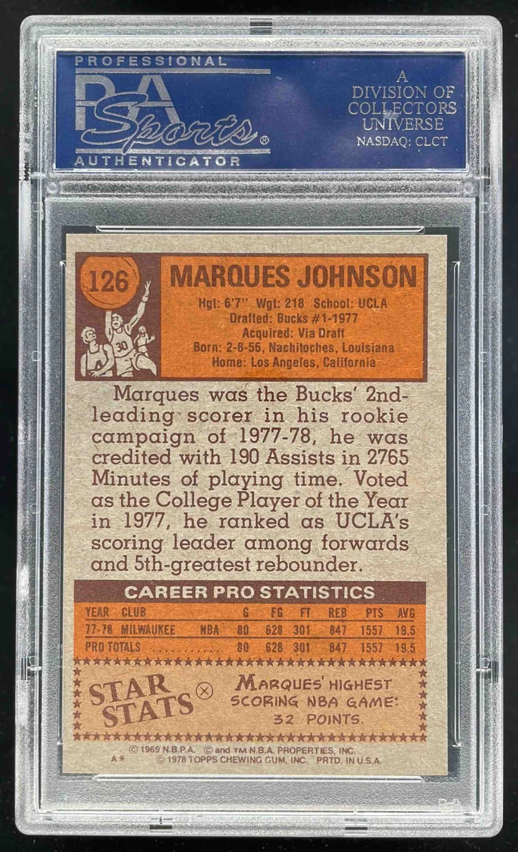 1978-79 Topps #126 Marques Johnson RC PSA 9 - Image 2
