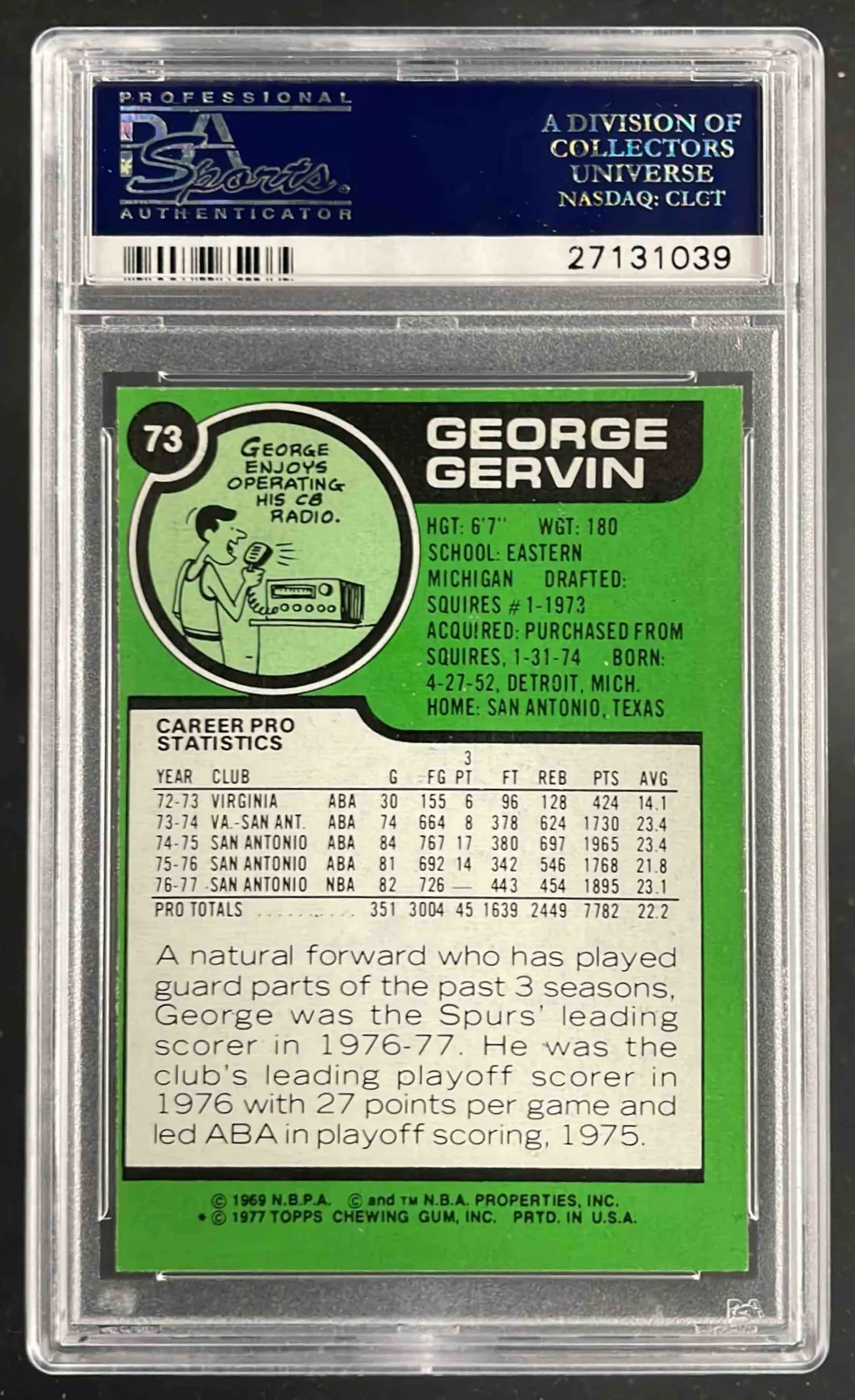 1977-78 Topps #73 George Gervin PSA 9 - Image 2
