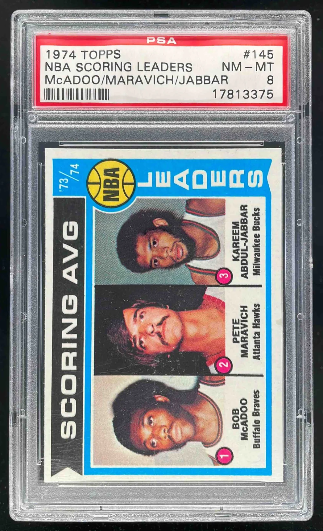 1974-75 Topps #145 Bob McAdoo Pete Maravich Kareem Abdul-Jabbar PSA 8