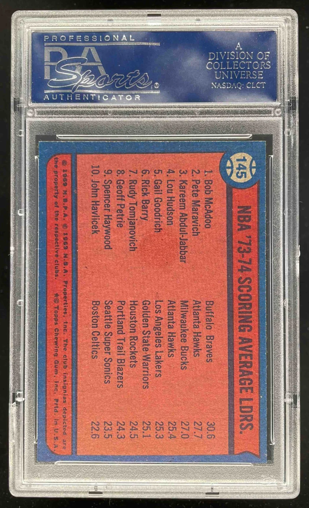 1974-75 Topps #145 Bob McAdoo Pete Maravich Kareem Abdul-Jabbar PSA 8 - Image 2