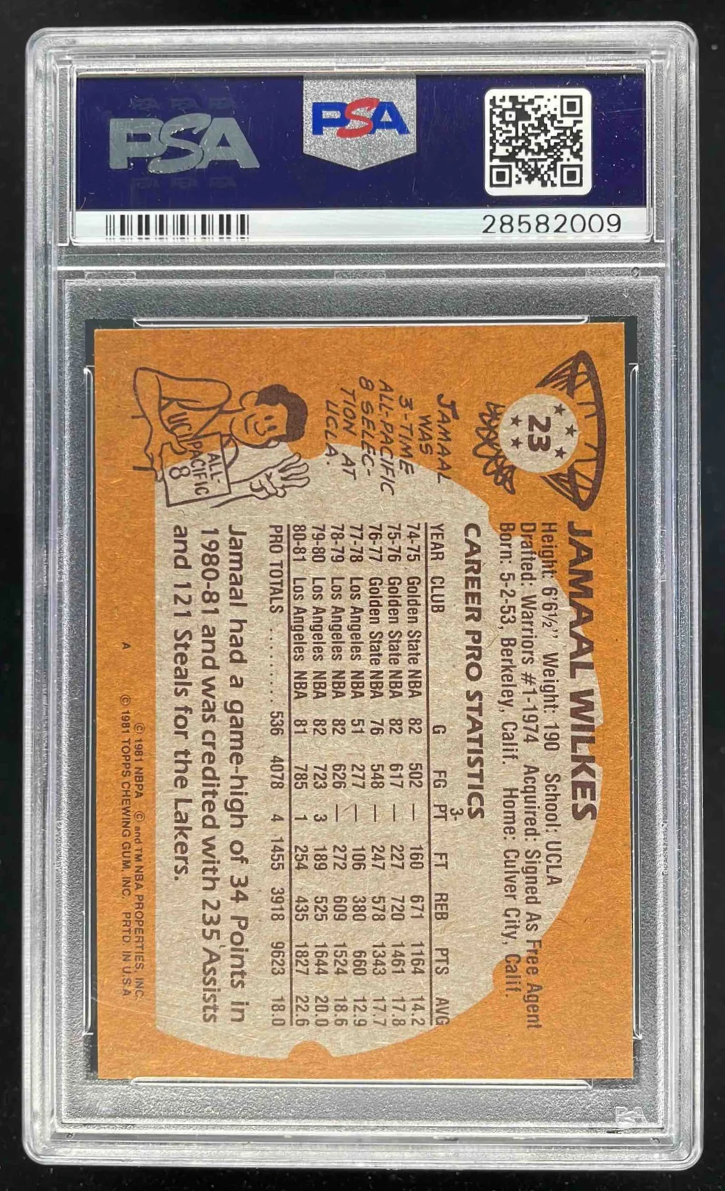 1981-82 Topps #23 Jamaal Wilkes PSA 9 - Image 2