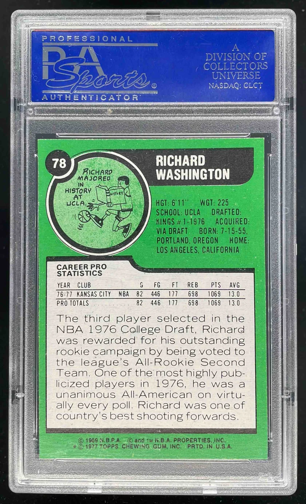 1977-78 Topps #78 Richard Washington RC PSA 8 - Image 2