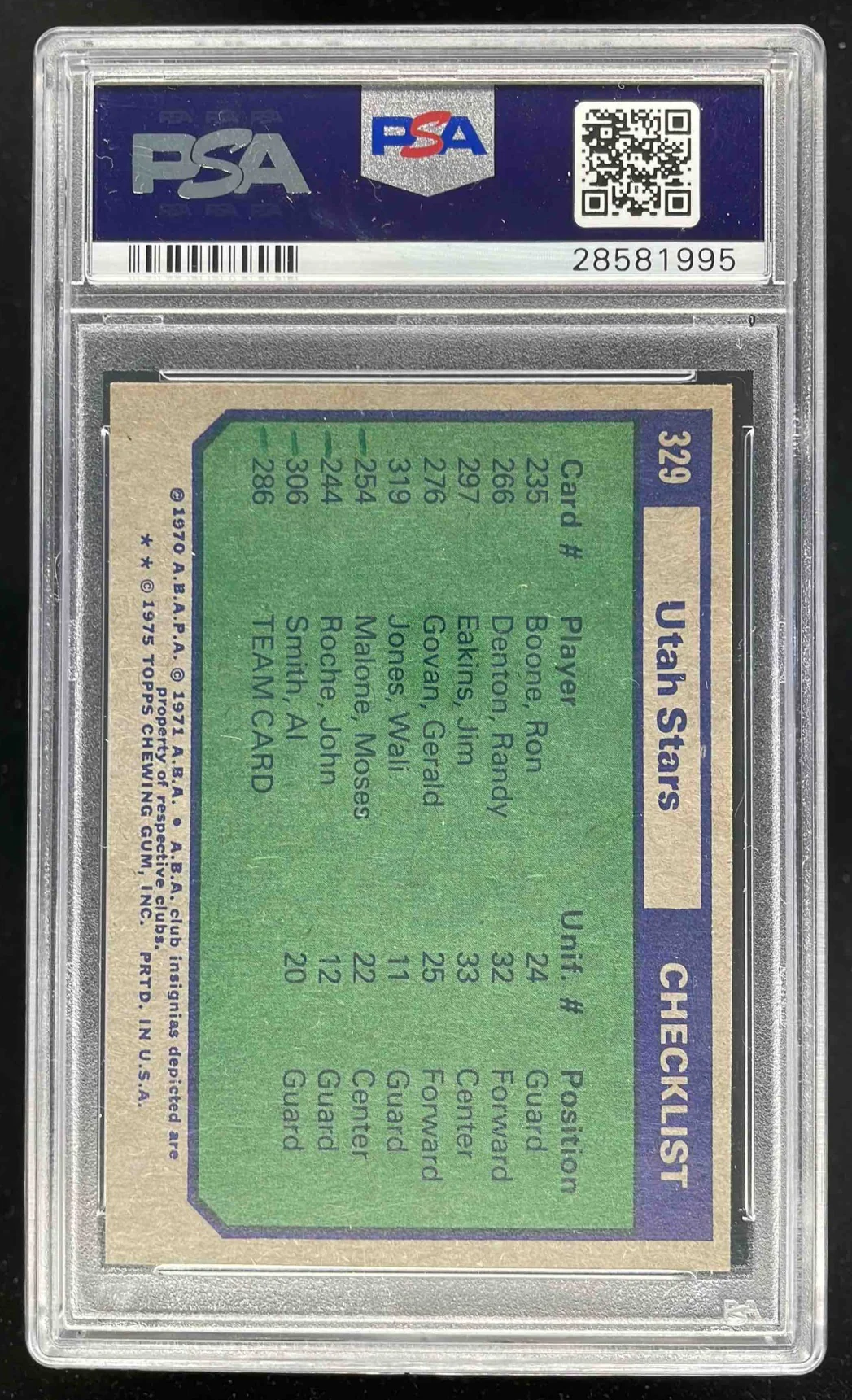 1975-76 Topps Team Checklists #329 Utah Stars PSA 8 - Image 2
