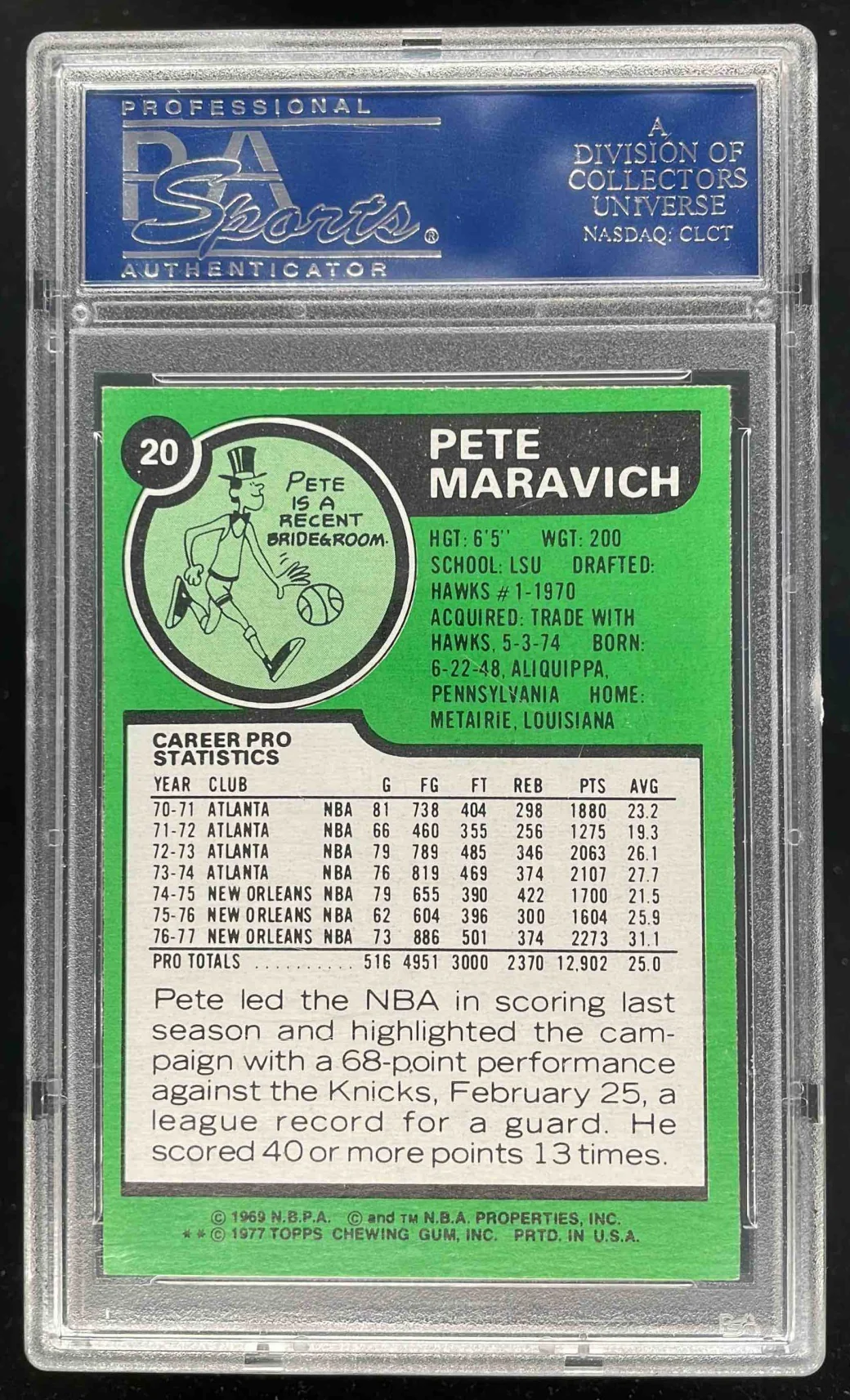 1977-78 Topps #20 Pete Maravich PSA 8 - Image 2