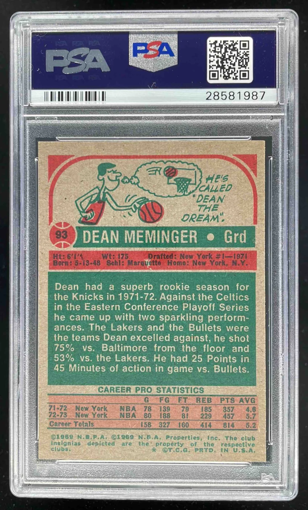 1973-74 Topps #93 Dean Meminger PSA 9 - Image 2